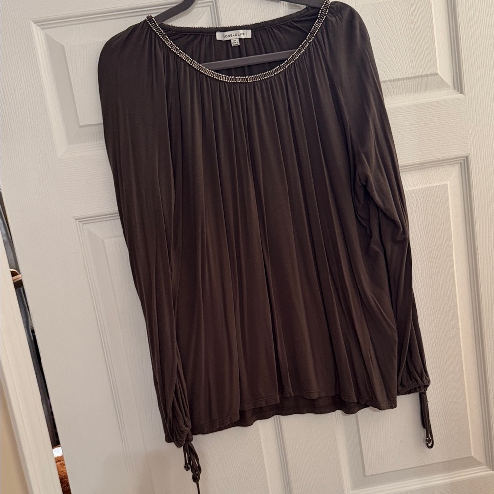 Rose + Olive 3/4 length Top with Beaded Detail